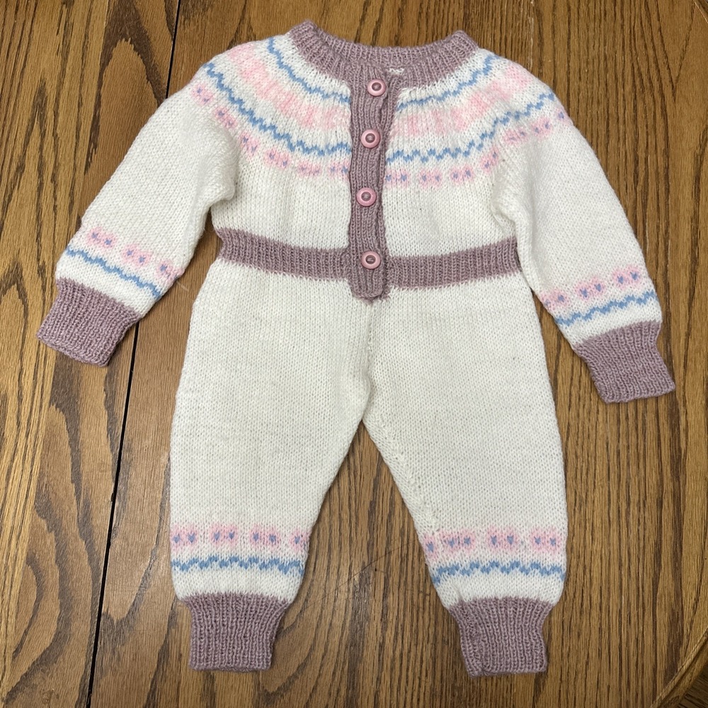 Vintage Handmade Knit Baby Romper Fair Isle 3 Months Measurements In Description